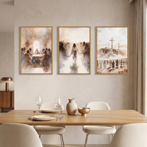 LHIUEM Large Jesus Neutral Framed Canvas Wall Art Set,Christ Church Wall Decor,Christian Bible Story Religious Easter Last Supper Artwork for Living Room,Churches,Prayer Room Decor- 24''x36''x3 - Image 3