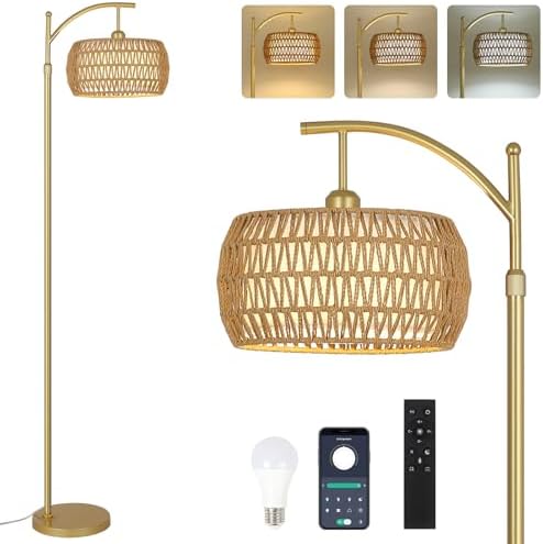 eyassi Arc Floor Lamp with 3 Color Temperatures, LED Gold Floor Lamp with Remote & Stepless Dimmable Bulb, Boho Standing Lamp with Rattan & Fabric Shades, Farmhouse Tall Lamp for Living Room Bedroom by EYASSI