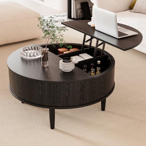 Round Fluted Lift Top Coffee Table with Storage, Mid Century Modern Coffee Table for Living Room, Home Small Space,31.5" Fluted Center Table (Black, 31.5inch) by Boweniog