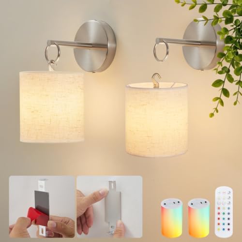 Peel and Stick Sconces Set of 2 Brushed Nickel,Detachable Battery Operated Wall Sconce With 10000mah Rechargeable Bulbs,12 RGB Battery Sconce With Remote,Renter Friendly Wall Lamps for Bedroom,Hallway by Aklswylb