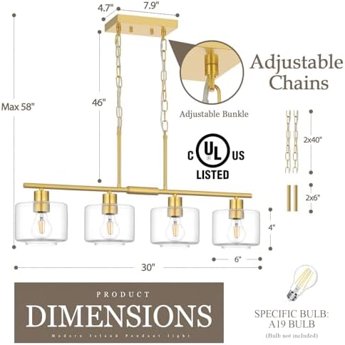 4-Light Brushed Gold Kitchen Island Lighting, Modern Linear Dining Room Chandelier Light Fixtures with Clear Glass and Chain, Mid Century Hanging Lights for Kitchen Island, OS-YQ8153-4ISBGC - Image 3