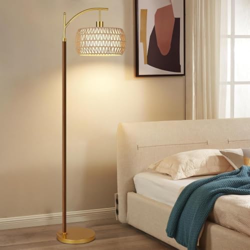 ZECOXOL Wood Floor Lamps for Living Room Arc Boho Floor Lamp with Remote Control & 3 Color Temperatures,Vintage Wicker Rattan Standing Lamp Dimmable Tall Floor Lamp for Bedroom Living Room Corner - Image 7