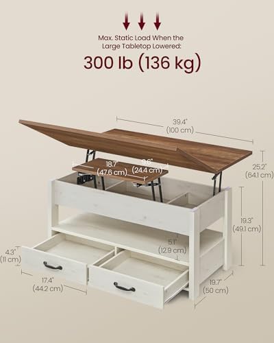 VASAGLE Lift Top Coffee Table, 3 in 1 Center Table with Storage, 2 Drawers - Image 2