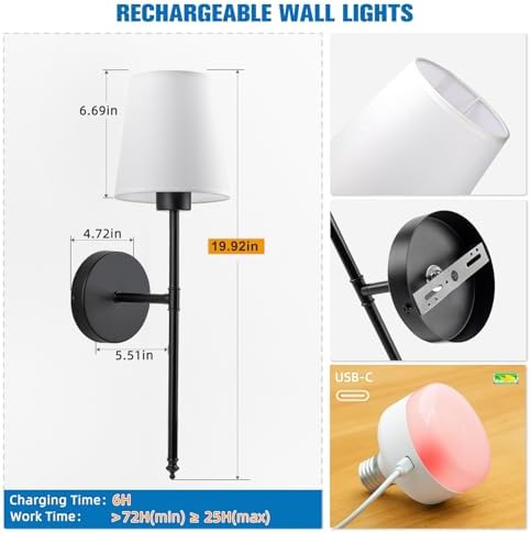 NIORSUN 19.9 inch Battery Operated Wall Sconce Set of 2,Black Rechargeable Wall Lights with 10400mAh Dimmable Detachable Bulbs and Remote,10 Colors Wireless Sconces for Bedroom Living Room Hallway - Image 6