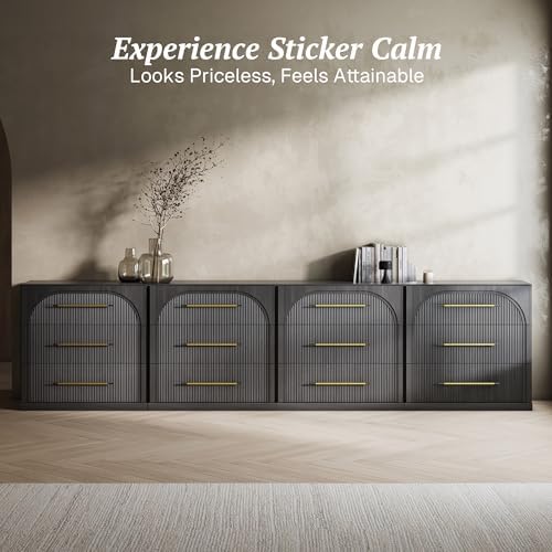 BELLEZE Set of 4 Fluted Modular Sideboard Cabinet, Classic Modern Buffet Cabinet with 3 Drawers, 130'' Accent Credenza Cabinet for Living Room Kitchen Entryway (Ebony) - Image 4