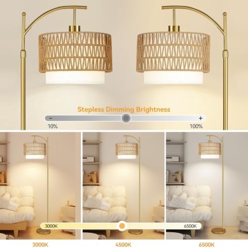Gold Floor Lamps for Living Room Rattan Boho Floor Lamp with Remote Control & 3 Color Temperature, Dimmable Arc Floor Lamps Wicker Lamp Shades Brass Standing Lamp Tall Floor Lamp For Bedroom Corner - Image 2