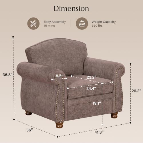 Traditional Oversized Accent Reading Chair, 41.3", Chenille, Brwon - Image 2