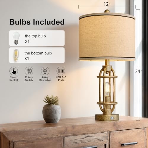 G-SAFAVA 23.75'' Table Lamps Set of 2 for Living Room Bedroom Industrial Farmhouse Metal Touch Lamps with USB A+C Ports, Night Light Vintage Nightstand Bedside Lamp, Bulbs Included, Champagne Gold - Image 4