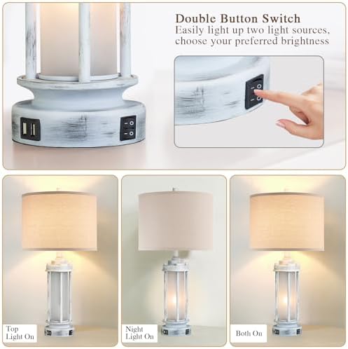 AIEAMPDO 25" Set of 2 Antique White Rustic Table Lamps 2 USB C+A Ports - Image 2