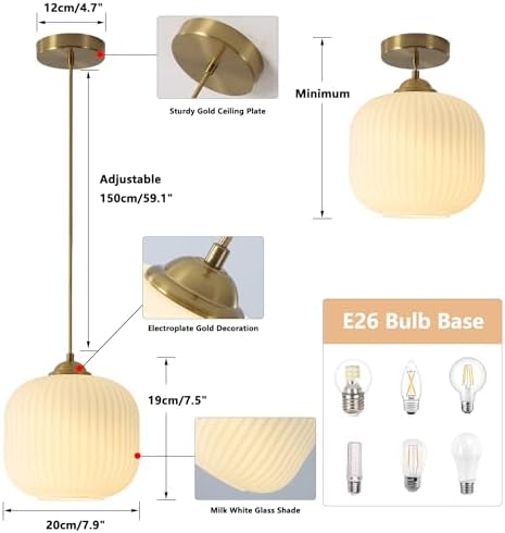 KCO Lighting 2 Pack Brushed Brass 7.9” White Ribbed Glass Pendant Lights - Image 2