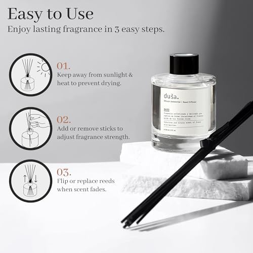 Duša Baies Scented Reed Diffuser & Sticks – 5 Fl Oz Essential Home Fragrance for Bathroom, Office & Living Spaces –Stylish & Long-Lasting Room Air Freshener –Ideal for Housewarming & Special Occasions - Image 3
