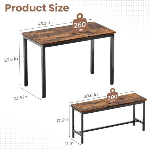 Dining Table Set for 4, Kitchen Table with 2 Benchs, Brown - Image 2