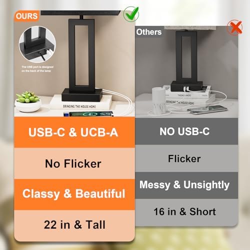 Seealle 22" Tall Living Room Lamps for Night Stands - Touch Bedside Lamp with USB C+A, 3 Way Dimmable Bedroom Lamps for End Tables Set of 2, Modern Night Stand Lamps for Bed Side(Black&Black) - Image 7
