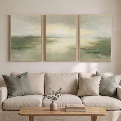 Large Framed Sage Green Abstract Landscape Wall Art, Set of 3 Each 20x30 In by Cuspin