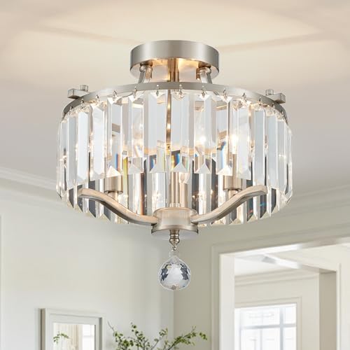 Brushed Nickel Crystal Semi Flush Mount Ceiling Light Fixture Modern Farmhouse Small Chandelier 3-Light Round Crystal Mini Chandelier for Dining Room Entryway Hallway Kitchen Bedroom Foyer by peksoe