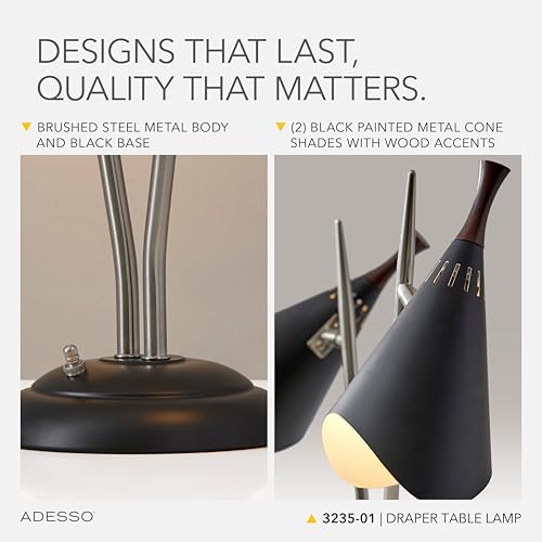 Adesso 2-Light Desk Lamp, Brushed Steel & Black, Adjustable Arms, 22” - Image 4