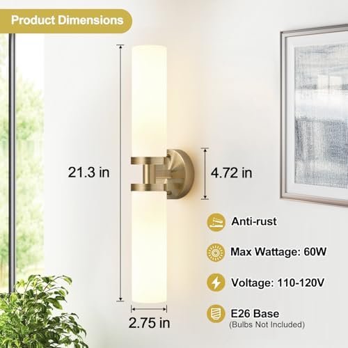 Indoi Wall Sconces Set of Two, Hardwired Brass Bathroom Sconces Wall Lighting with Milky White Glass, Modern Sconces Wall Decor Set of 2 Bathroom Light fixtures for Mirror Living Room Hallway Bedroom - Image 4