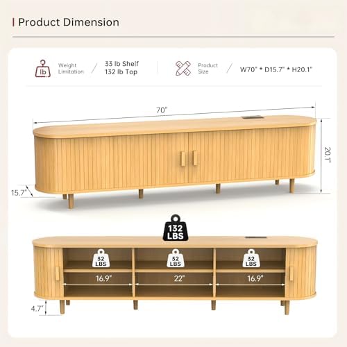 70" Mid Century Modern TV Stand, Wood TV Consoles with Sliding Doors and Power Outlet, Entertainment Center with Adjustable Shelves, Fluted TV Stands for Living Room, Oak - Image 3