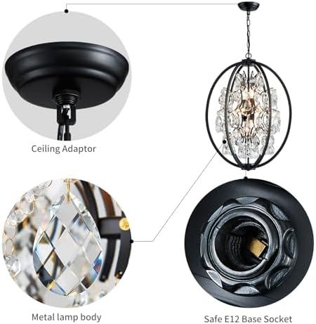 WUZUPS Globe Crystal Chandelier Raindrop Pendant Flushmount Ceiling Light Modern Lighting Fixture for Bedroom Hallway Bar Kitchen Bathroom, H 23.6" x W 19.7", Black, 8 E12 Base - Image 3