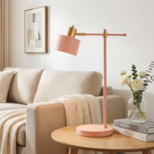 OYEARS 22.2" Modern Desk Lamp, Metal Table Lamp with LED Bulb, Adjustable Reading Lamps for Living Room, Mid Century Task Lamp for Home Office, Industrial Bedside Lamps with Solid Base, Pink - Image 2