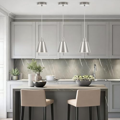 Brushed Nickel Pendant Light Kitchen Island, Hanging Kitchen Lights, 3-Pack - Image 2