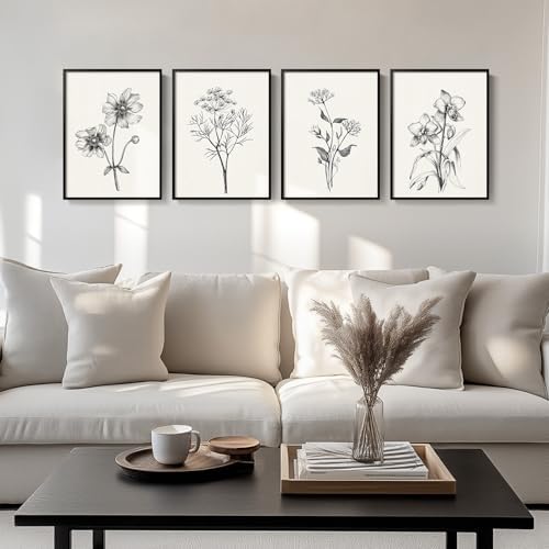 Framed Black and White Floral Wall Art for Living Room, 4 Piece 12x16 In by Cuspin
