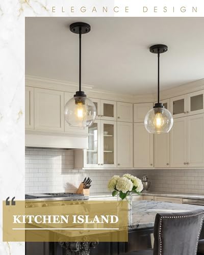 2-Pack Pendant Lights Kitchen Island, 7" Modern Black Hanging Lights Fixtures with Clear Seeded Glass Globe Shade, Kitchen Island Lighting for Bathroom, AD-22280-1P2-BK-S - Image 4