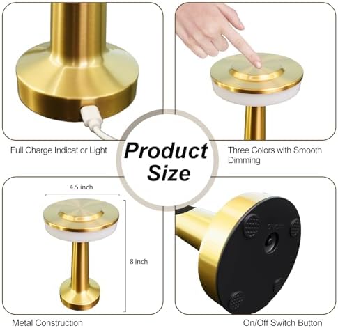 16 Pcs Gold Cordless Table Lamps with Touch Sensor Portable 3 Color Dimming up LED Table Lamp 15 Hours Rechargeable Battery Desk Light for Living Room Nursery Restaurant - Image 2