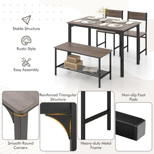 Dining Table Set for 4 with Storage Bench & 2 Chairs, Gray Oak - Image 4