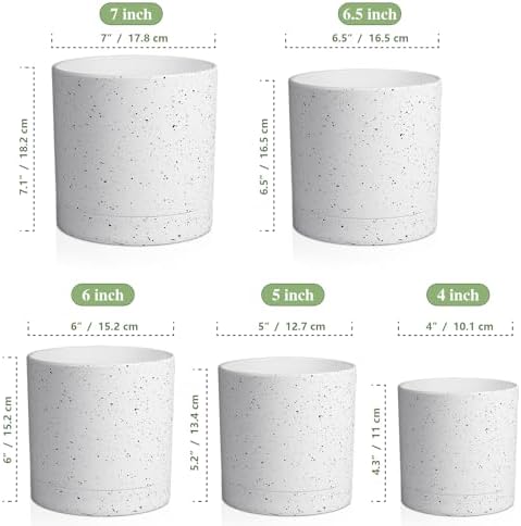 Meowell 7/6.5/6/5/4 inch Plant Pots, 5 Pack Cylinder Flower Pots for Small Indoor Outdoor Plants, Plastic Planters with Drainage Holes and Saucers for Garden Succulent House Plants, Speckled White - Image 2