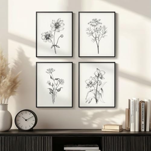 Framed Black and White Minimalist Floral Bathroom Wall Art, 4 Piece 8x10 In - Image 4