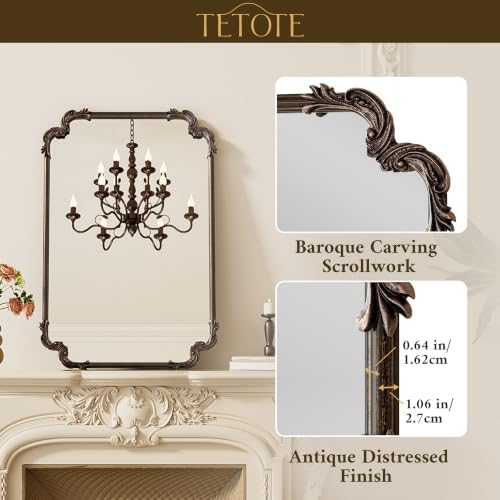 TETOTE Baroque Antique Bronze Scroll Wall Mirror 42 x 36 Vintage Rectangle Framed Baroque French Rectangular Mirror for Mantle Fireplace Bathroom Living Room, Horizontal/Vertical - Image 3