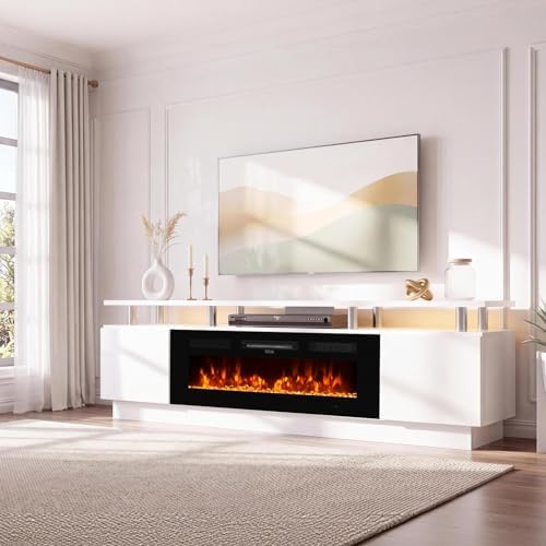 90" TV Stand for Living Room, Large Entertainment Center & Media Console, Fits TVs up to 100", Storage Cabinet with Shelves, 50" Electric Fireplace, White & Black by Unknown