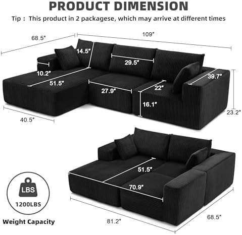 108" Boneless Couch with Chaise, Cloud Sectional Modular Sofa, Black - Image 3