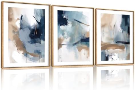 LHIUEM Abstract Navy Blue Framed Canvas Wall Art,Neutral Brush Stroke Wall Decor,Modern Pastel Brown Wall Painting,Minimalist Shapes Artwork for Living Room,Bedroom,Office- 12''x16''x3 by LHIUEM