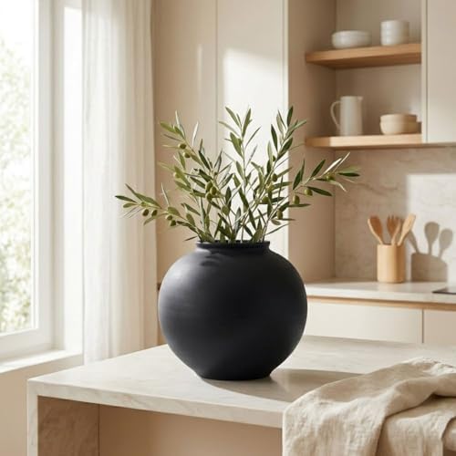 Small Blak Ceramic Vase - 6.1 Inch Small Black Round Vase, Rustic Farmhouse Vase for Home Decor, Dining Table, Shelf, Bedroom, Living Room, Kitchen, Office, Bathroom, Mantle, Centerpiece Décor - Image 6