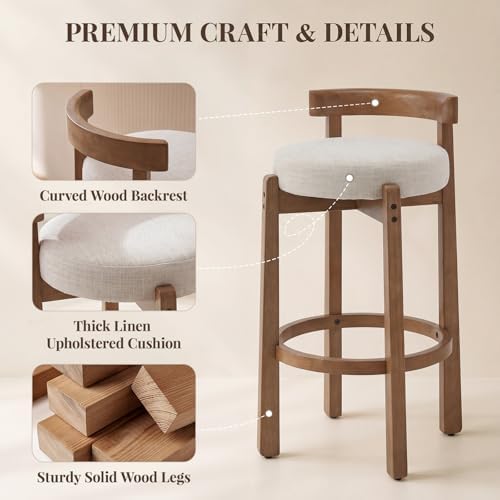 LukeAlon Mid Century Linen Bar Stools Set of 4, 30.25" Seat Height Upholstered Barstools with Wood Legs Modern Tall Bar Chair with Curved Low Back Round Footrest for Pub Home Kitchen Island, Beige - Image 4