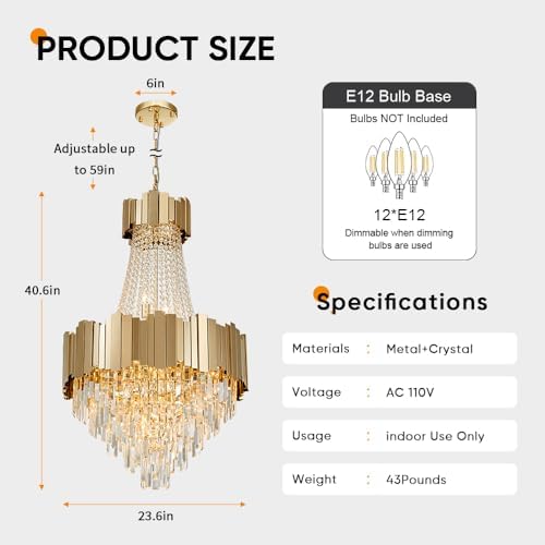Crystal Chandeliers for High Ceilings 12-Light Modern Chandelier Large Gold Chandelier Light Fixture for Foyer,Living Room,Dining Room,Entryway Width-23.6 inch - Image 2