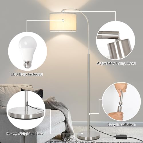 Arc Floor Lamp, Dimmable Floor Lamp for Living Room, Standing Lamp with Adjustable Drum Shade, Tall Pole Lamp for Bedroom Study Room Office, 9W 3000K LED Bulb Included - Image 3