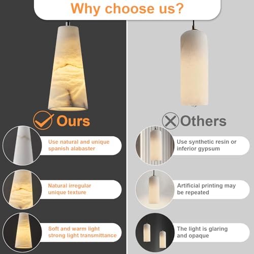 Natural Alabaster Pendant Lights Kitchen Island, H-10in White Pendant Light Fixtures, Light Pendant Marble Conical Shade Black, for Bedroom Bathroom Dining Room Living Room (Dimmable Bulbs INCL) - Image 4