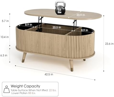 JOINICE Oval Lift Top Coffee Table with Storage for Living Room,43",Oak - Image 2