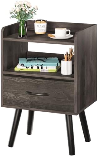 Yoobure Night Stand with Fabric Drawer, Modern Nightstand, Bedside Tables, Mid Century Nightstands with Open Storage Shelf, Wood Bedside Table, Small Night Stands for Bedrooms, 2-Tier Night Table by Yoobure