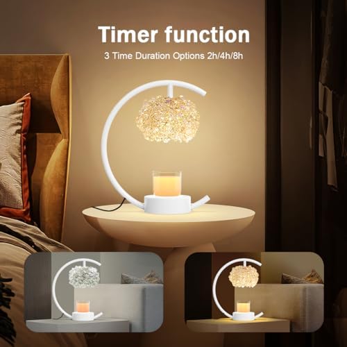 Yeuslor White Candle Warmer Lamp for Jar Candles with Adjustable Brightness＆Timer，Handcrafted Crystal＆Wooden Base,Candle Lamp Luxurious Design+2Bulbs,Home Decoration Electric Candle lamp(C-Shaped) - Image 6