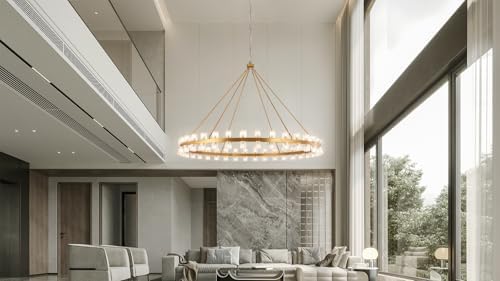 70 Inch Gold Wagon Wheel Chandelier with Crystal Shade, 72 Lights, Modern Farmhouse Style, Ideal for Dining Room, Kitchen, Entryways - Image 3