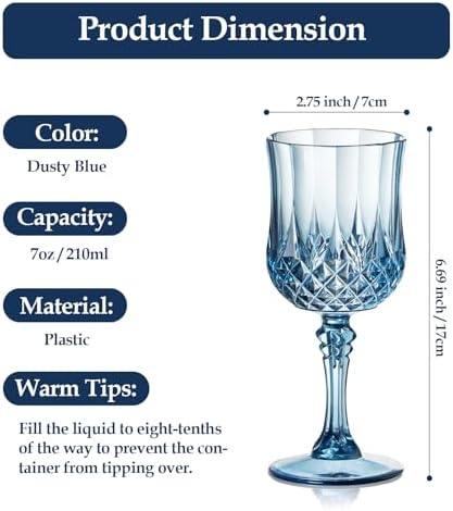 XUWAIDSGN 100Pcs Plastic Vintage Wine Glasses 7oz Reusable Embossed Goblet Glasses Pink Retro Wine Glassware Unbreakable Stemmed Champagne Water Cups for Wine Cocktail Juice Wedding (100, Blue) - Image 2