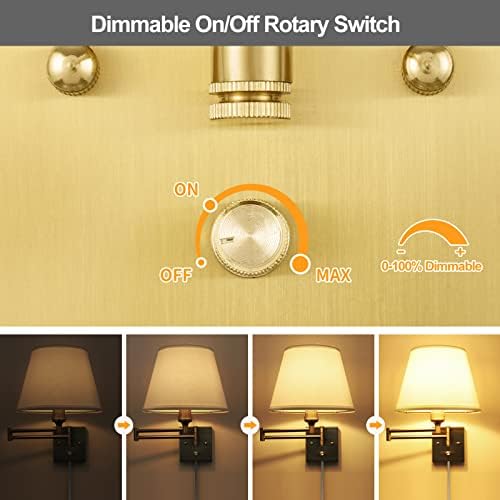 TRLIFE Wall Sconce Plug in, Brushed Brass Dimmable Wall Sconces Set of 2 Swing Arm Wall Lights with Plug in Cord and Dimmer On/Off Knob Switch, 9.4" Medium White Fabric Shade(2 LED Bulbs Included) - Image 2