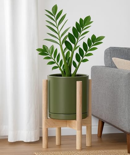 D'vine Dev Ceramic Pot with Natural Wood Stand, Olive, 8 in, 55-B-N-J - Image 4