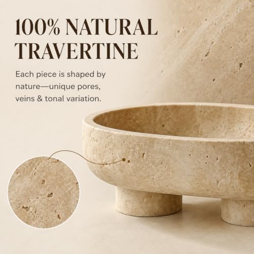 Travertine Oval Bowl with Base, 10 Inch Handmade Natural Stone Decorative Bowl for Home Decor, Modern Key Bowl for Entryway Table, Fruit Candy Dish & Candle Holder for Kitchen Countertop - Image 2