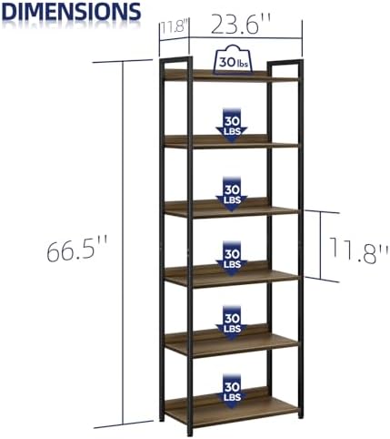 NUMENN Bookshelf, 6 Tier Freestanding Shelving Unit, Dark Walnut - Image 3