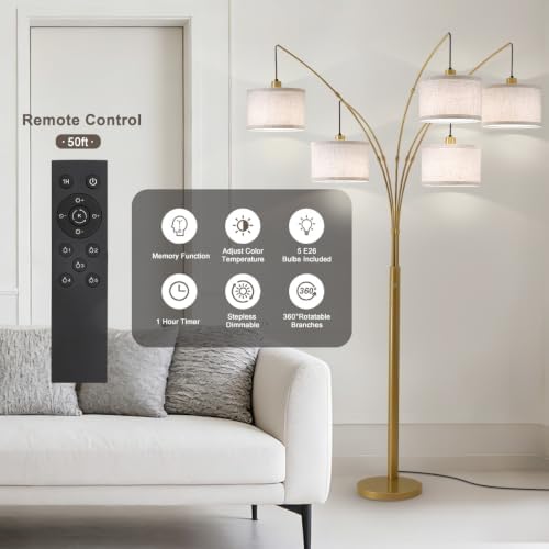 Gold Floor Lamps for Living Room, 4000LM Super Bright Arc Floor Lamp with Remote Control, Large Tall Floor Lamps with Stepless Dimmable, 80" Mid Century Tree Floor Lamp for Bedroom, Office - Image 2